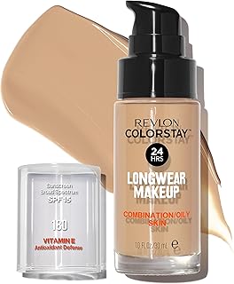 Revlon Liquid Foundation, ColorStay Face Makeup for Combination & Oily Skin, SPF 15, Longwear Medium-Full Coverage with Matte Finish, Sand Beige (180), 1.0 Oz
