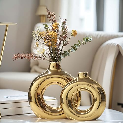 Miniatura 4 de XMGZQ Jarrón dorado, juego de 2 jarrones de cerámica, jarrones dorados para decoración del hogar, jarrón redondo para centros de mesa, jarrón dorado