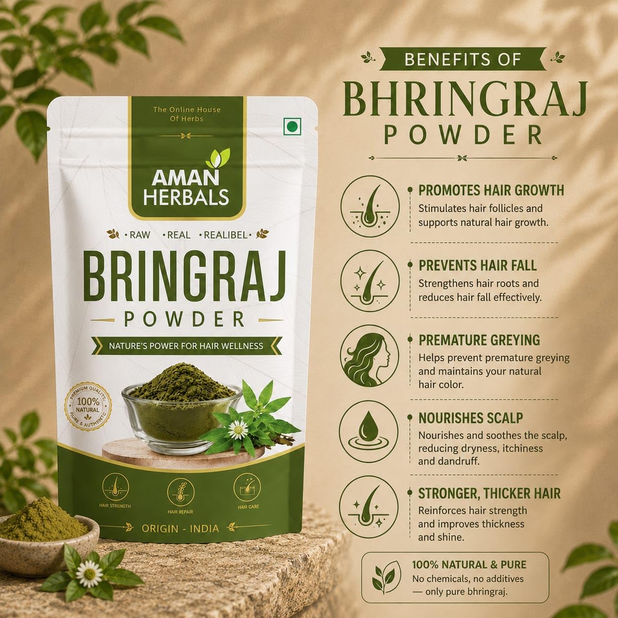 Aman Herbals Bhringraj Powder | Natural Hair Growth Powder | Controls Hair Fall & Promotes Strong, Thick Hair | 100% Pure & Herbal — Amazon image 3