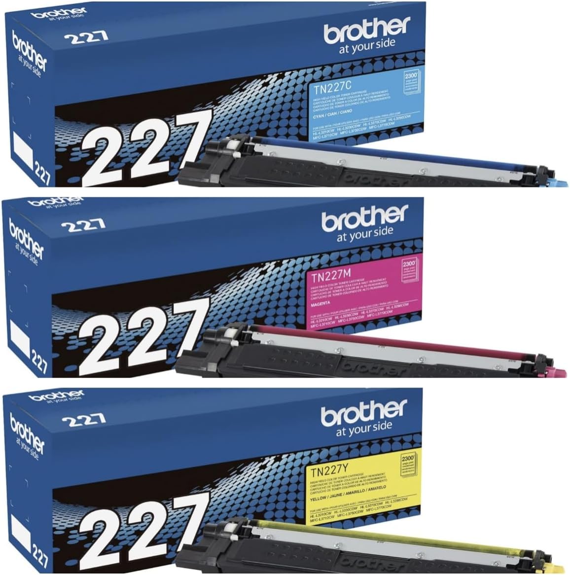 TN227(CMY) High Yield Color Toner Set Cyan,Magenta, Yellow 3 Pack for HL-L3210CW, HL-L3230CDW, MFC-L3750CDW in Retail Packaging