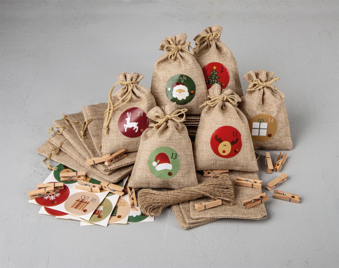 Rayher Advent Calendar, Craft Pack, Bag, 10 x 14 cm, Wooden Clips, Numbers, Jute String, Advent Calendar Children, Advent Calendar Adults, 46733000