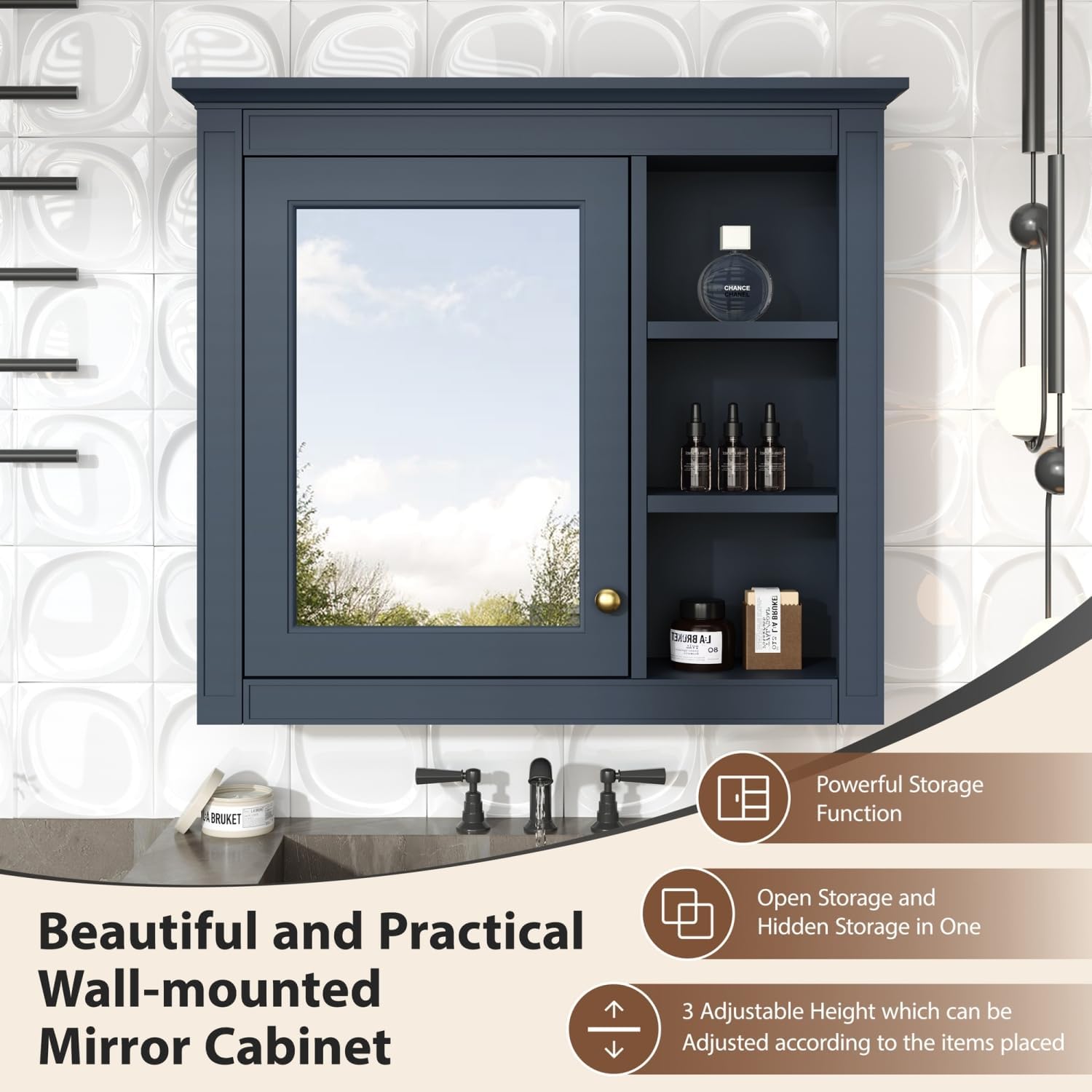 30" x 28" Wall-Mounted Bathroom Storage Cabinet with Mirror and 3 Open Shelves