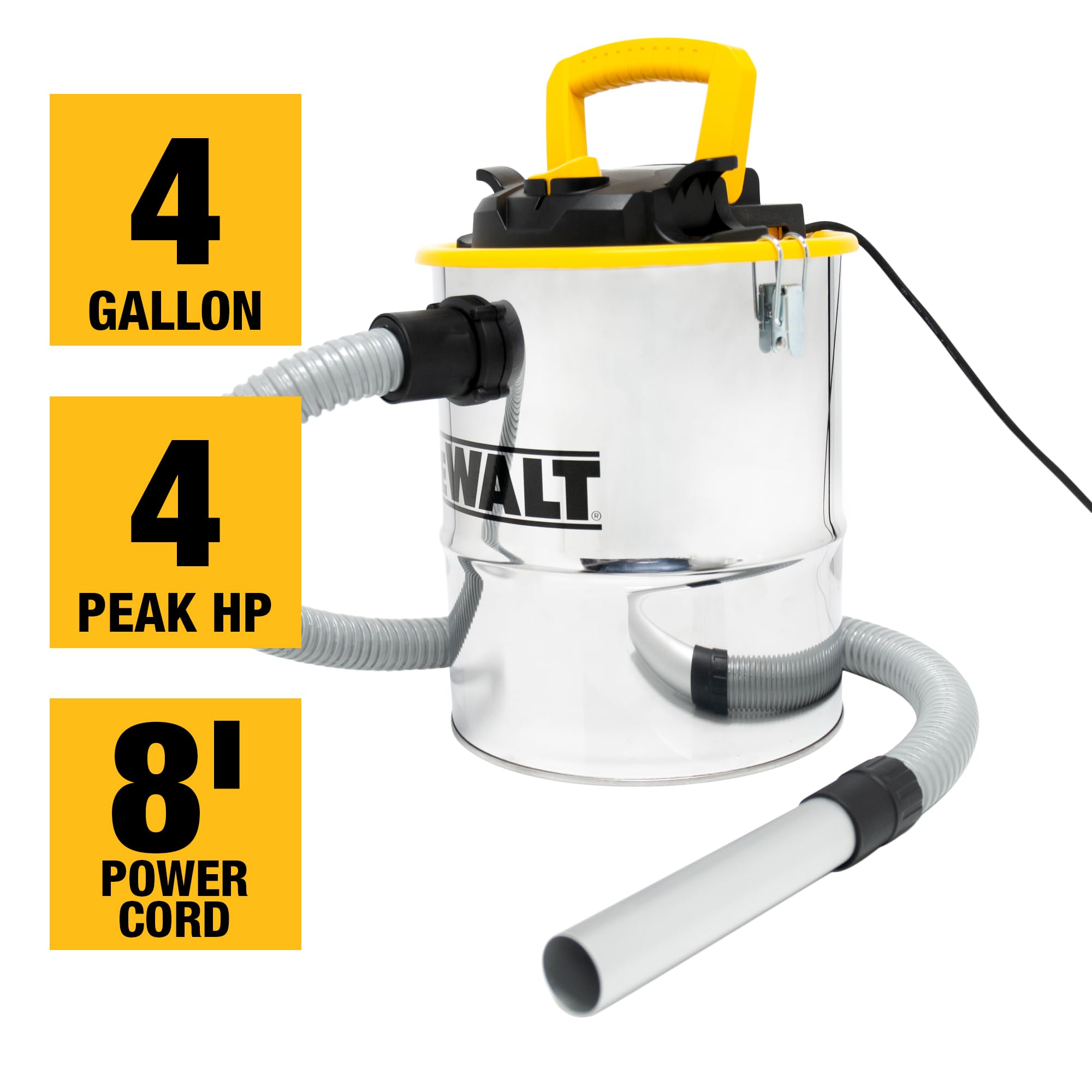 DEWALT DXV04A, recipiente de metal de 4 galones, motor potente de 4 CV, succión fuerte y filtración eficiente, aspiradora de ceniza segura para estufas de pellets, chimeneas y parrillas de barbacoa
