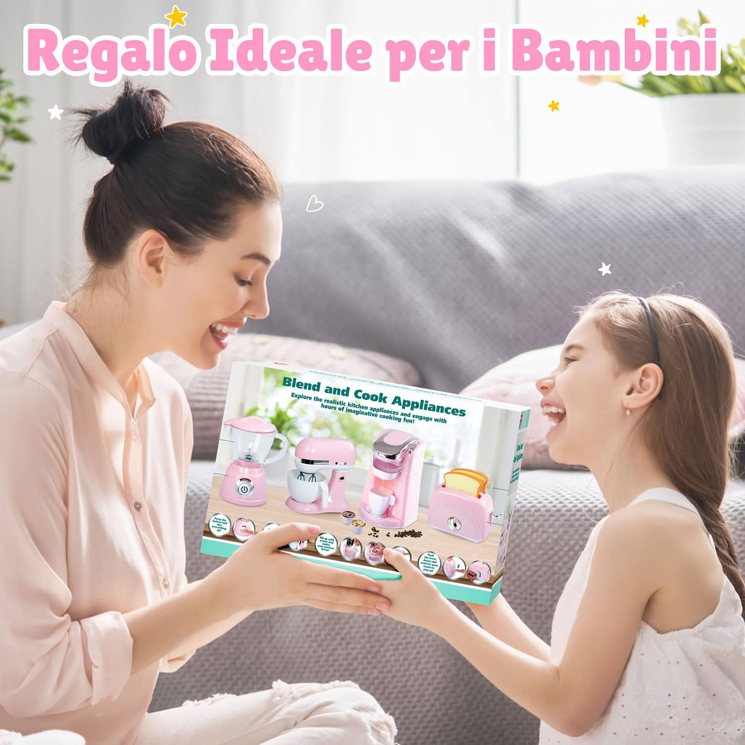 PLAY Accessori Cucina Bambini, Set di Accessori Cucina Giocattolo con Macchina Caffè Giocattolo, Mixer, Frullatore e Tostapane con Luci e Suoni, Kit Elettrodomestici Cucina per Bambini da 3+ (Rosa)