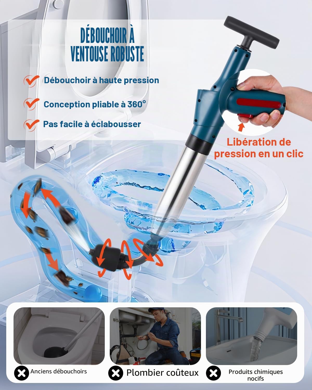 YUCHENGTECH Deboucheur WC Puissant Deboucheur Toilette Haute Pression Pompe Deboucheur Canalisation 4 in 1 Deboucheur WC pour Déboucher les Toilettes/Lavabo/Baignoire/Drain de Sol