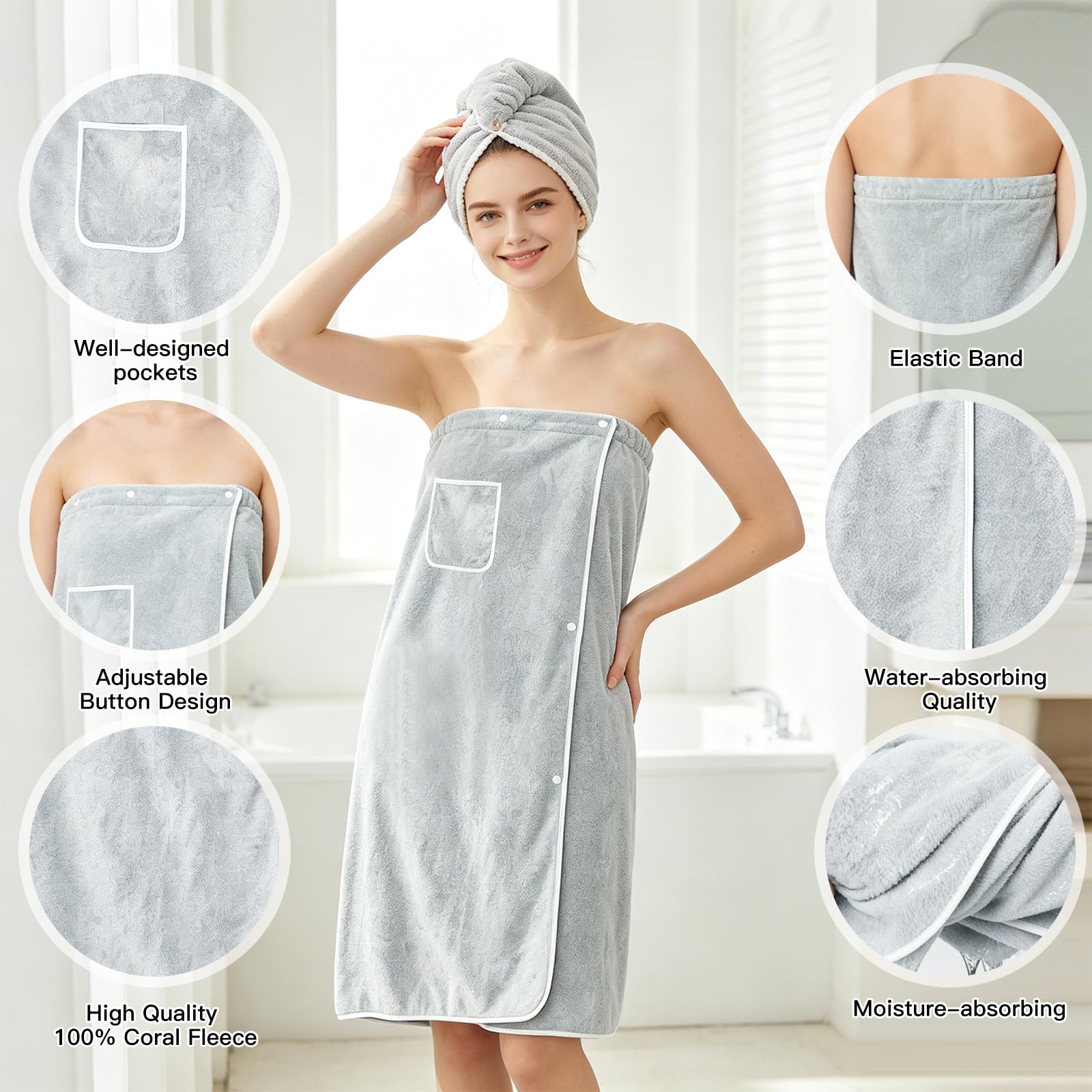 80x150 cm Kilt da Sauna Donna, Asciugamano da Sauna con Chiusura Regolabile a Bottoni e Tasche, Asciugamano per Capelli Accappatoio da Sauna da Donna per Doccia, Spiaggia, Piscina, Spa