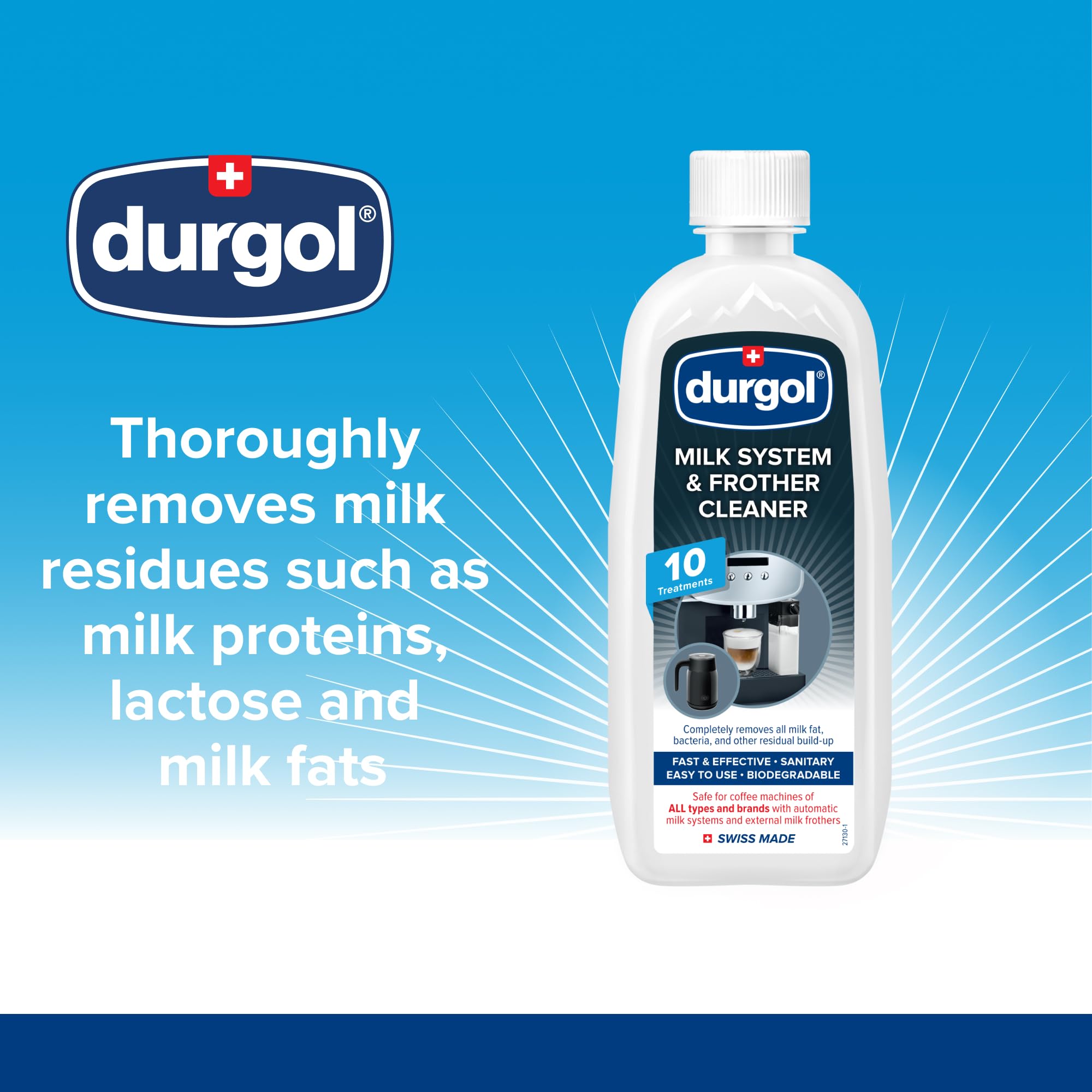 Durgol Milk System and Frother Cleaner for All Brands of Coffee Makers, External Milk Frothers,16.9 Ounce, White