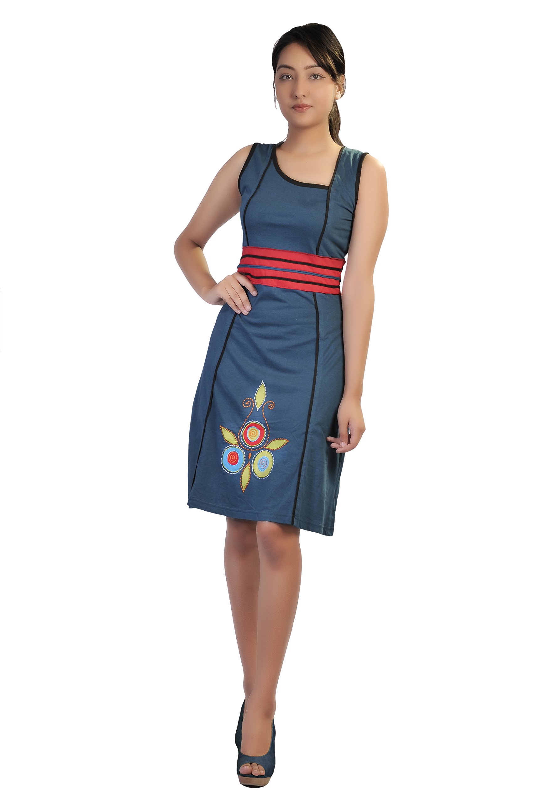 TATTOPANILadies Summer Sleeveless Sun Dress with Embroidery & Patch Design
