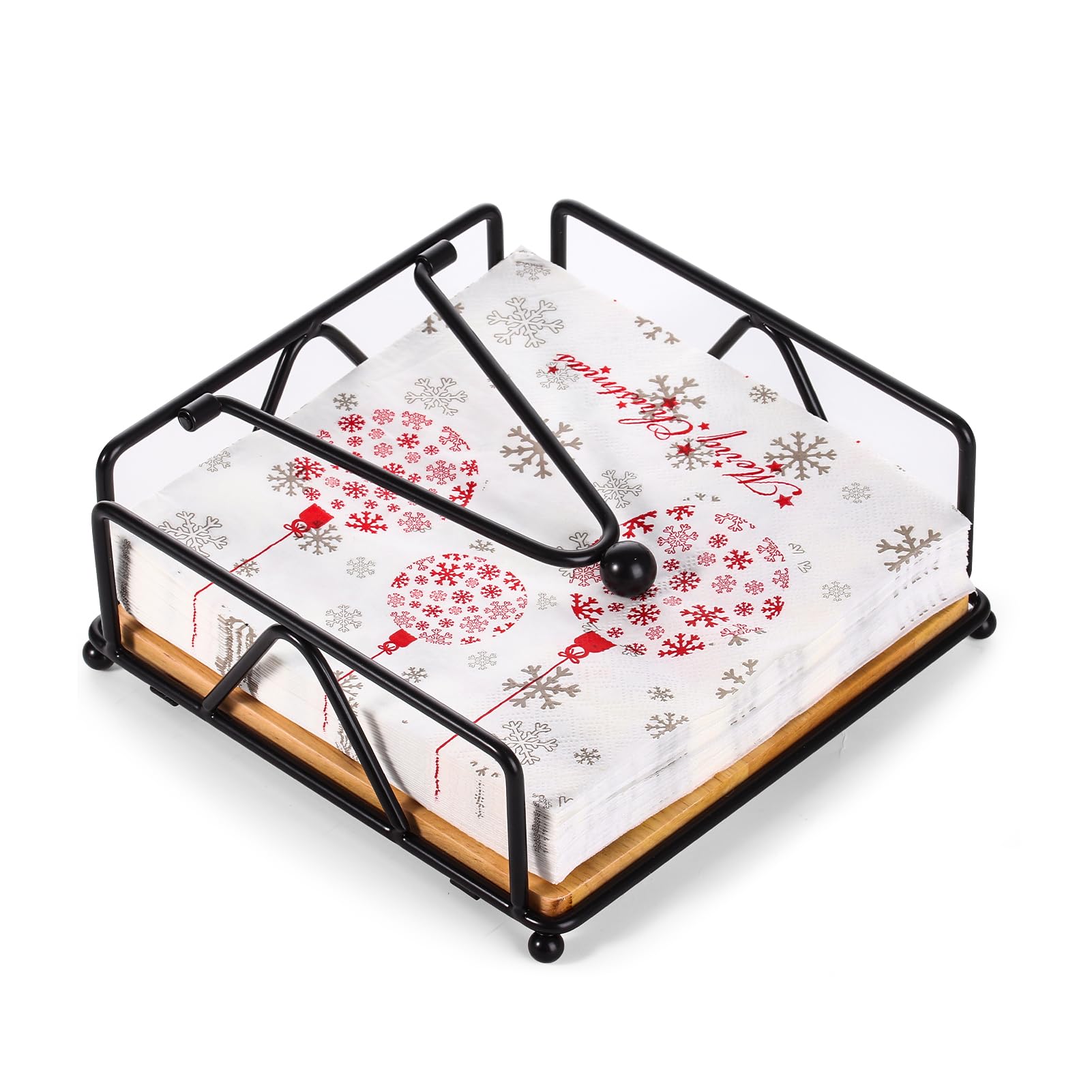 Metal Napkin Holder,Modern Wooden Base Flat Napkin Holder for Table with Weighted Arm,for Kitchen Table Decor,Cocktail, Bathroom, Party (Black)