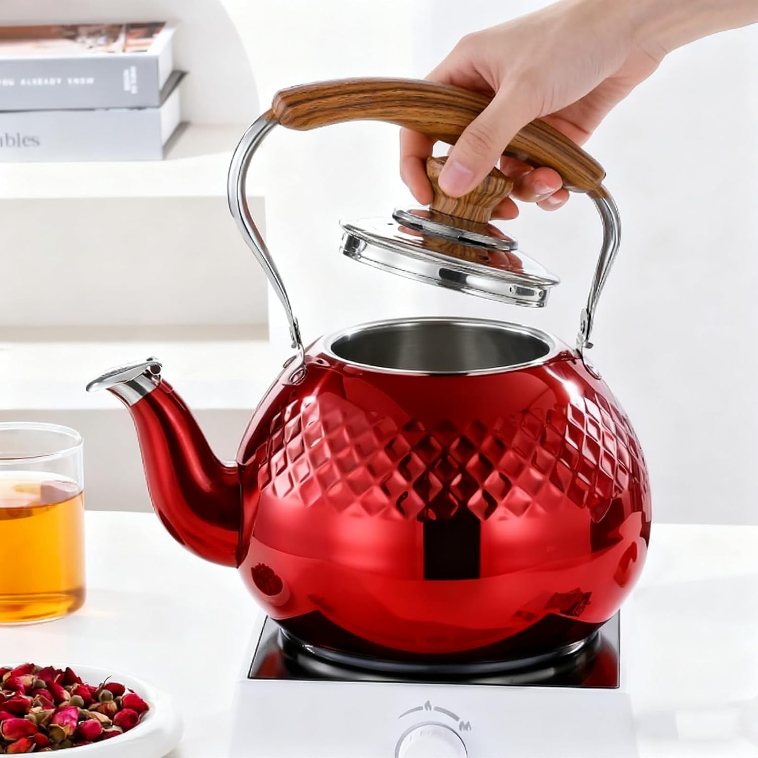 Whistling Tea Kettle Stovetop, Red Hammered Teakettle, 304 Stainless Steel Tea Pot, Loud Whistle Teapot for Coffee, Milk 3.2 Quart / 3 Liter(Red)