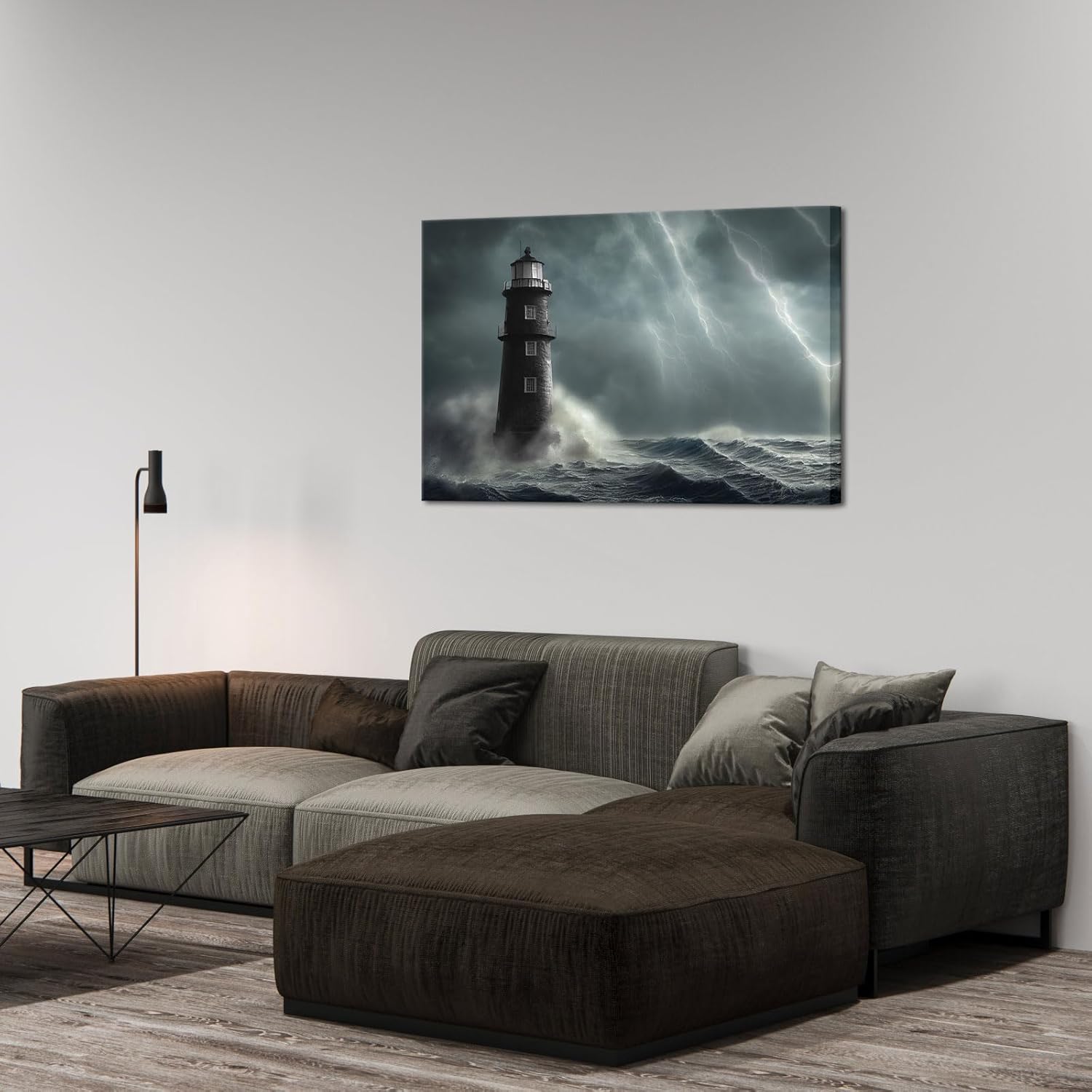 Artsbay Lighthouse Wall Art Ocean Wave Seascape Pictures Lightning Storm Canvas Prints Black and White Home Decor Framed for Living Room Bedroom Office 24 x 36inches