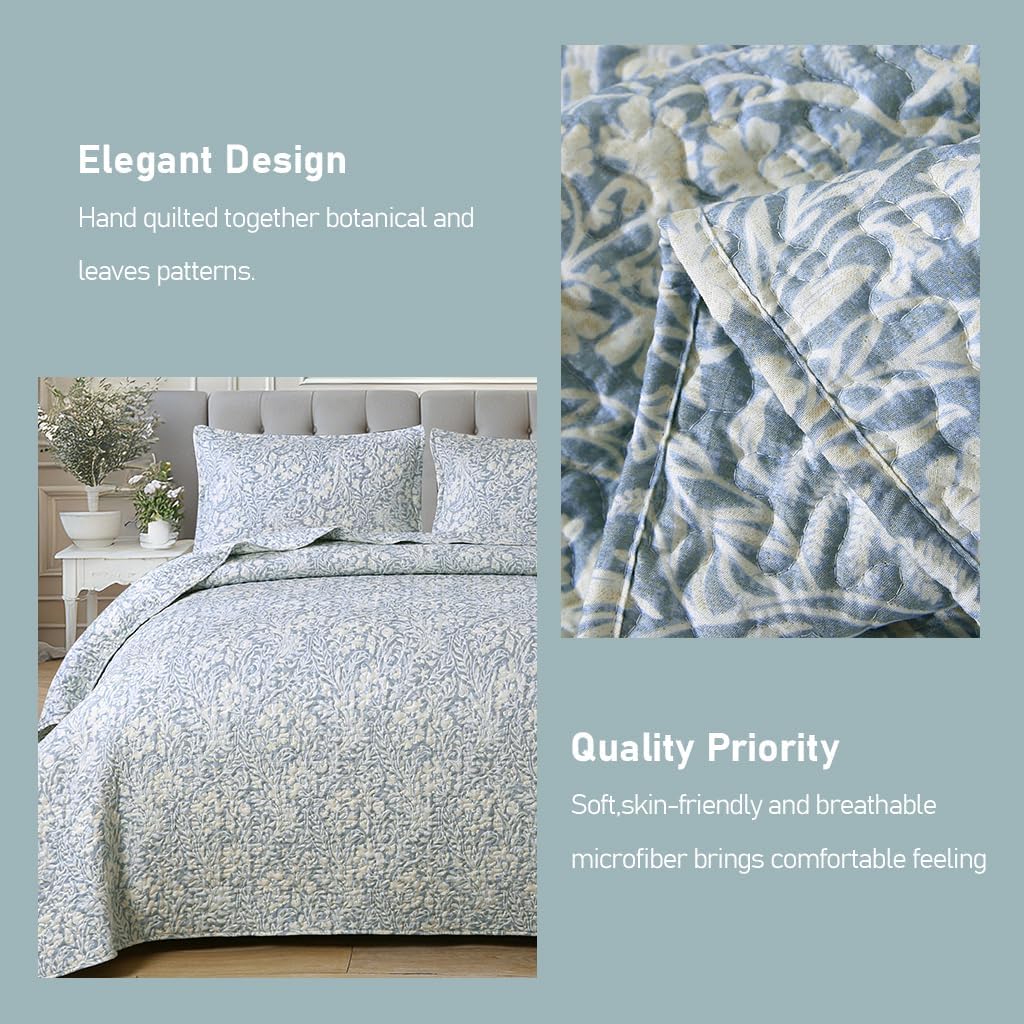 DURLENGEN Quilt Set California King Size 3Pcs,Bluish Grey Printed with Beige Leaves Pattern,Soft Microfiber Lightweight Bedspread for All Season Layering(112x104,Beige Botanical) - Image 4