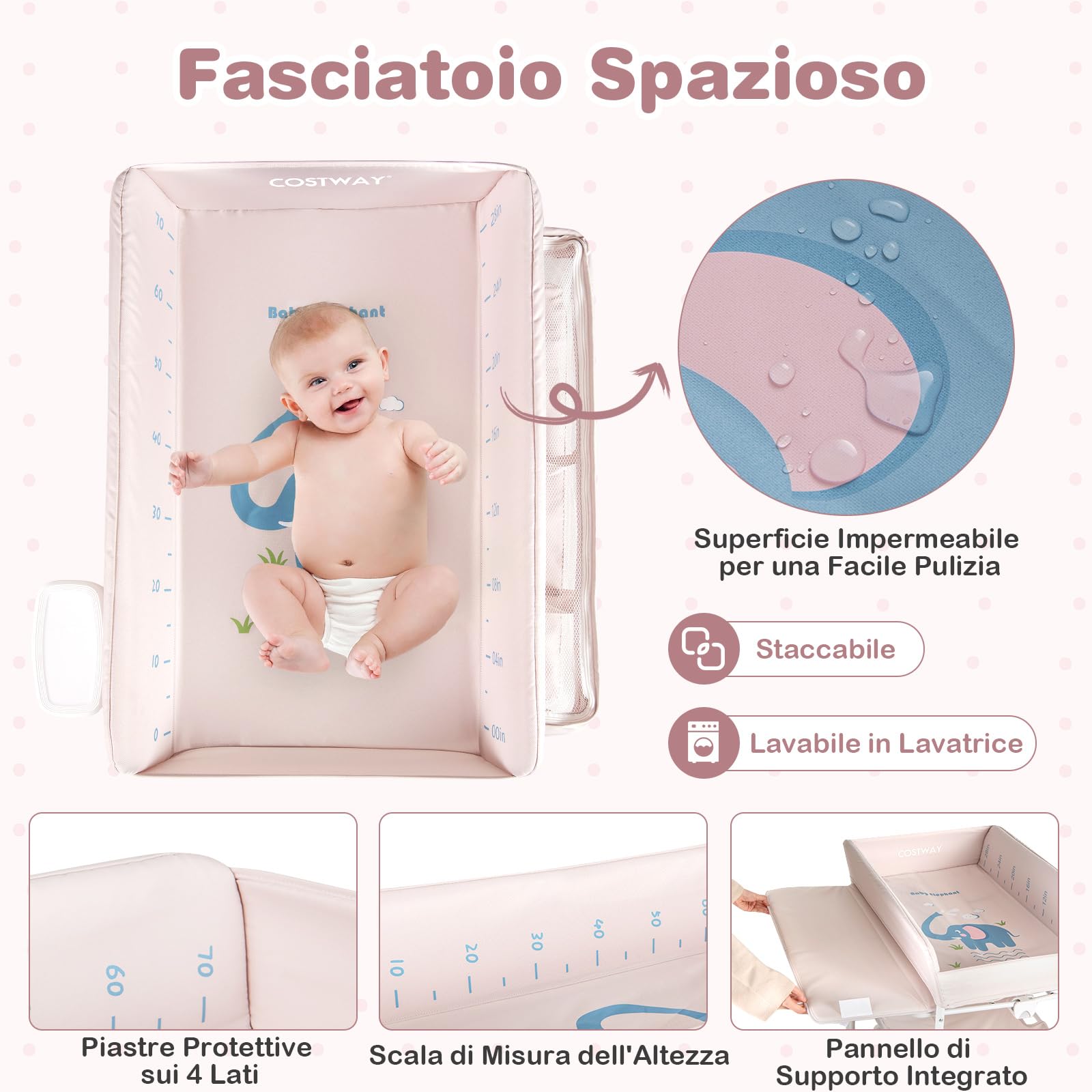 COSTWAY Fasciatoio Pieghevole Neonato, Fasciatoio Portatile con Altezza Regolabile, Comodino per Pannolini con Ruote di Bloccabili, 2 Ripiani, Porta Asciugamani, Cestino di Rifiuti (Beige)