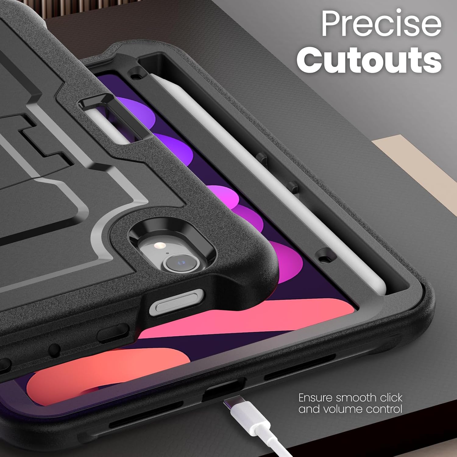 Miimall for iPad mini 7 A17 Pro 2024 Case with Shoulder Strap, Built-in Pencil Holder & Kickstand, Heavy Duty Shockproof Case for iPad mini 7th/6th Generation 8.3", Matte Black