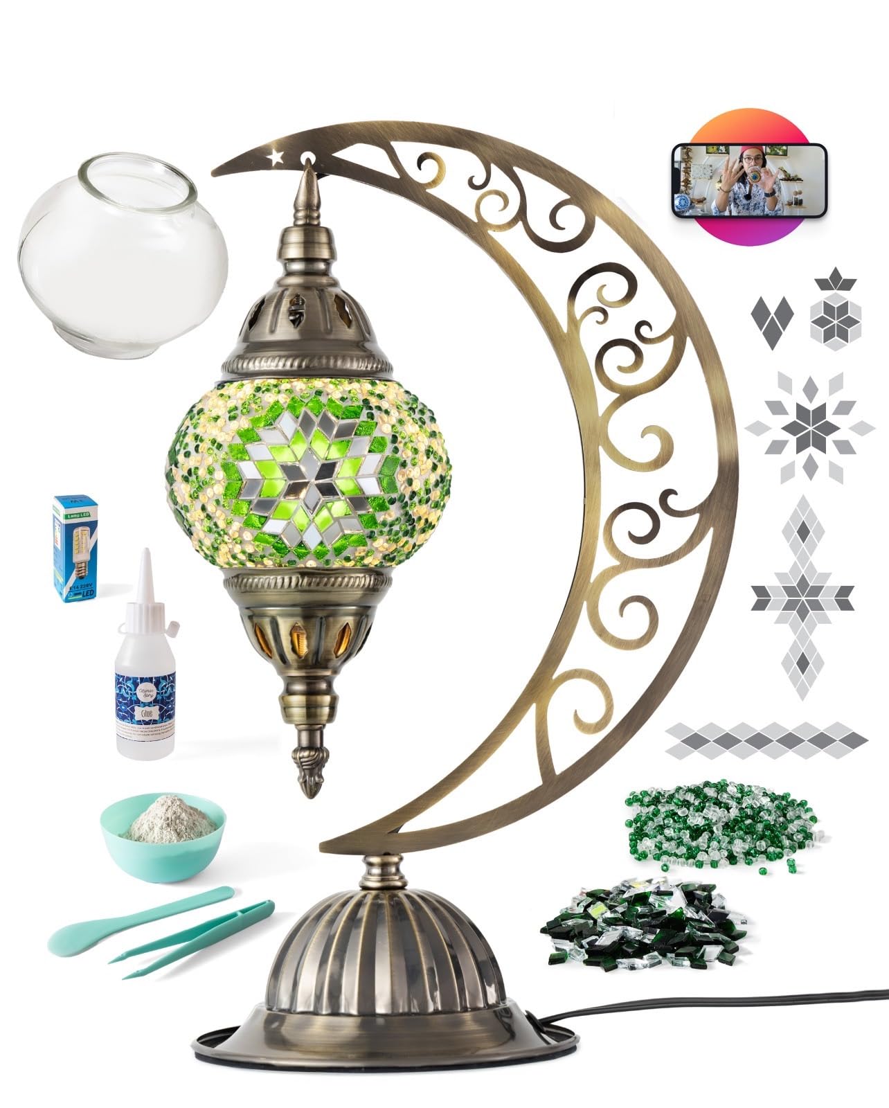 Turkish Mosaic Moon Lamp Making Kit | DIY Colorful Glass Decorative Table Desk Light | Craft Kit For Adults | Make Your Own Lamp | Living Room Bedroom