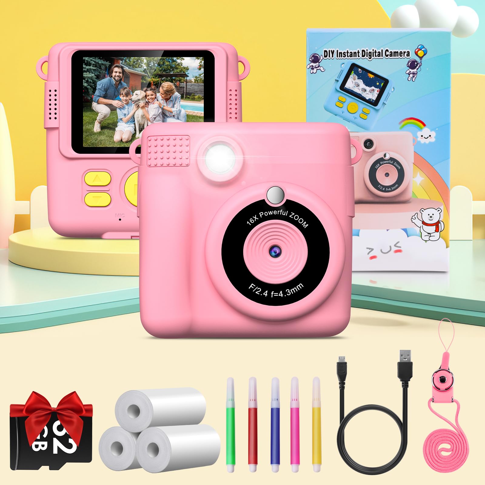 Camara Fotos Infantil Instantanea,GREENKINDER Camara Fotos Infantil,2.4" HD 1080P Cámara Instantánea para Niños con Tarjeta de 32GB,Bolígrafos de Colores y Papel de Impresión