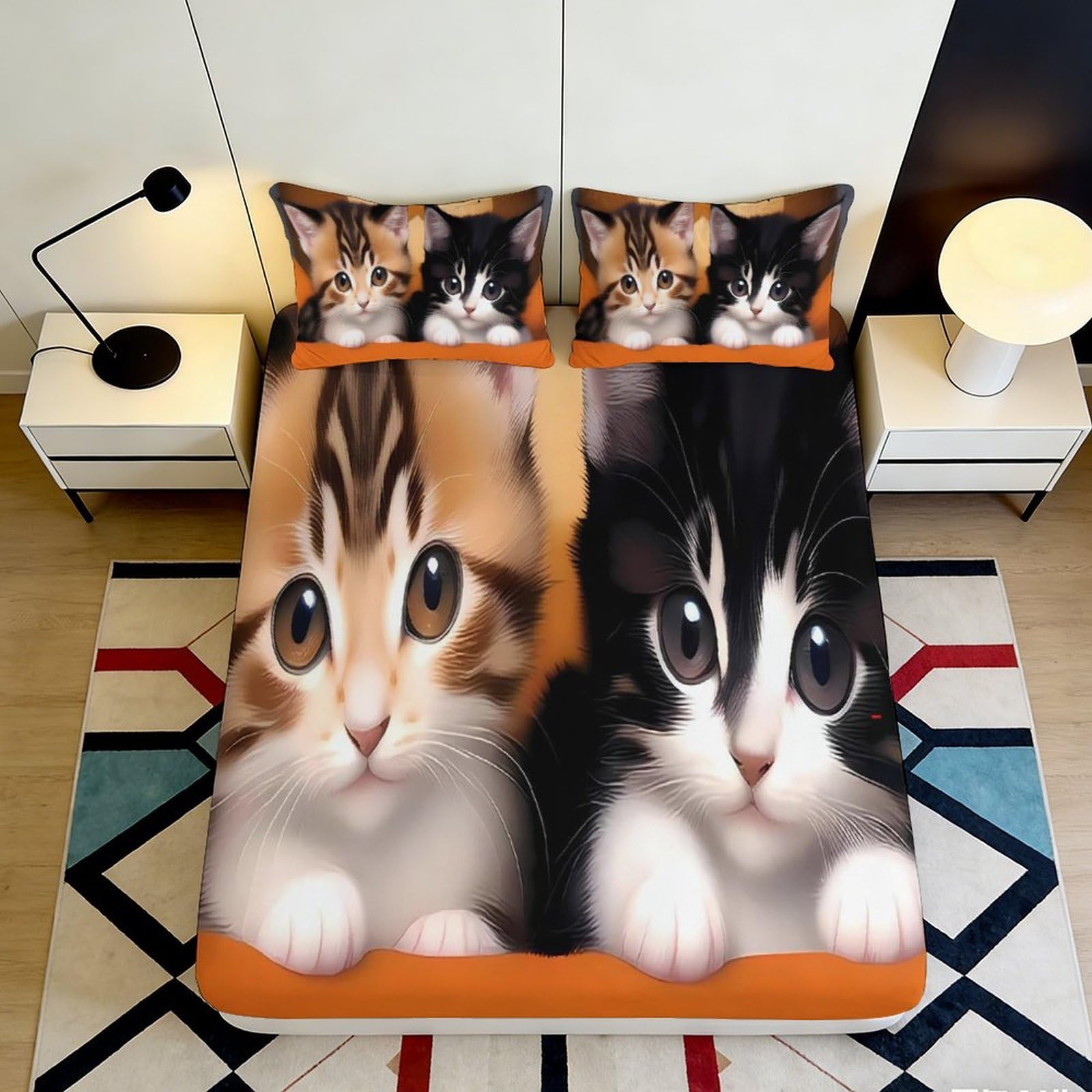 3D Printed Cute Kitten Fitted Sheet Microfiber Soft Anti-Slip Cat Face Bed Cover for Bedroom Guest Room Decoration 90x200x25cm