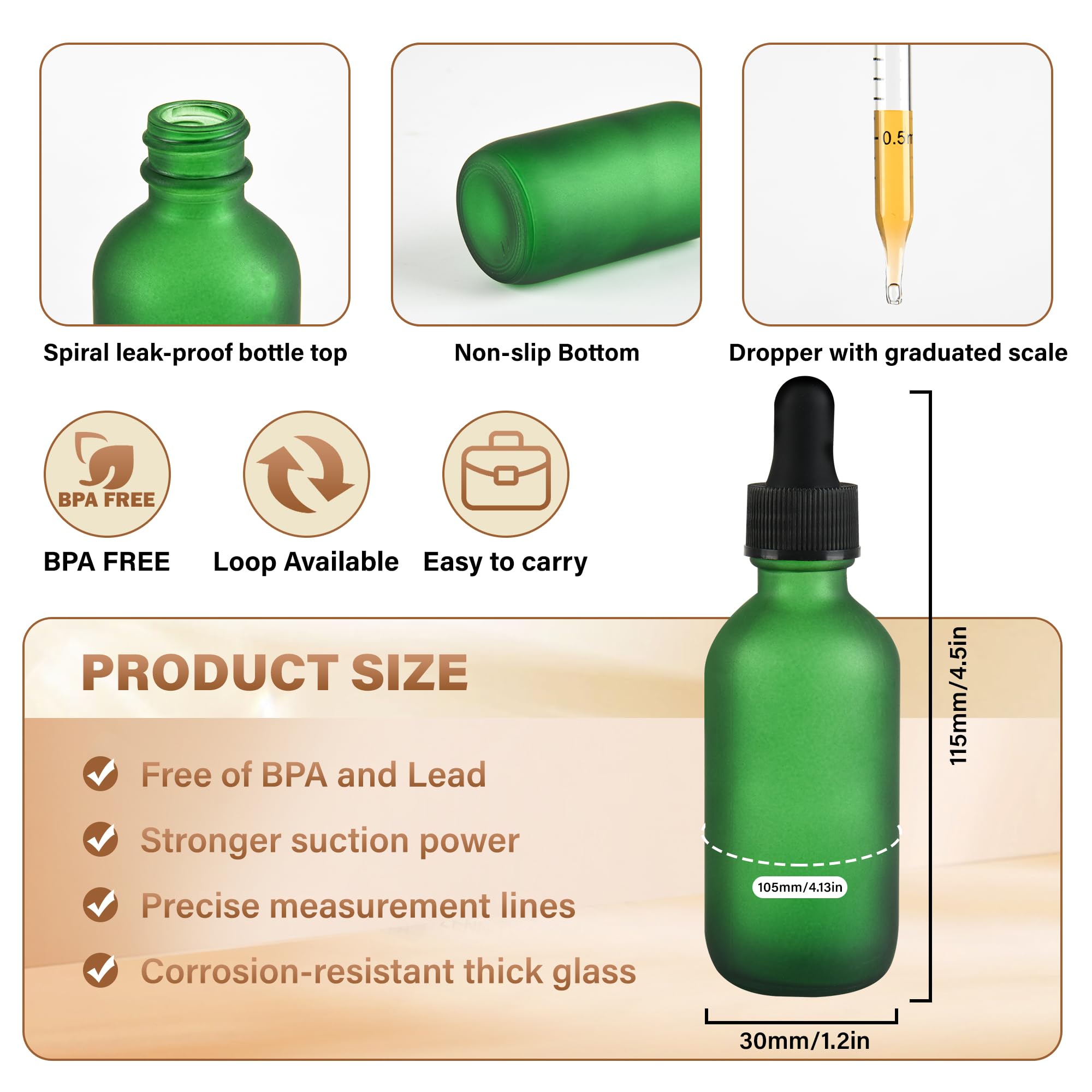 NOOEEISS 12 Pcs, 2oz Dropper Bottle, Green Glass Eye Dropper Bottle, Tincture Bottles with Dropper, Pretty Finish, Leak-Proof Design, Stronger Suction for All Kinds of Mixed Liquids