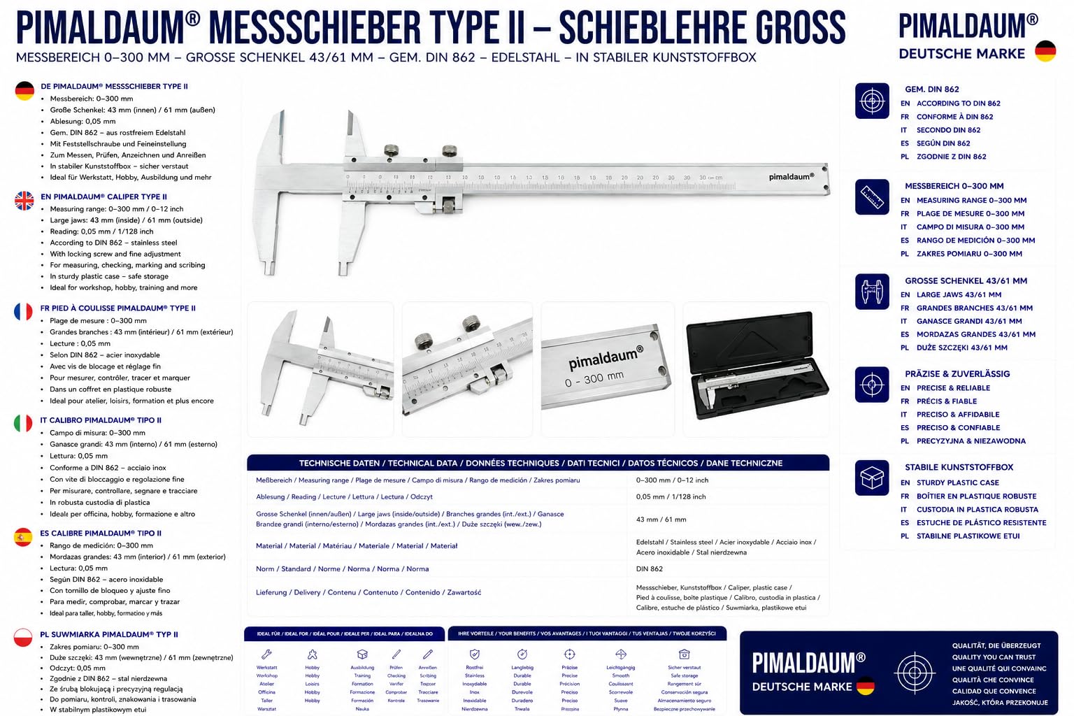 Calibre tipo II DIN 862 – Acero inoxidable – Patas largas 43/61 mm – Calibre de precisión con nonio – 200/250 / 300 mm – Caja rígida (300 mm)