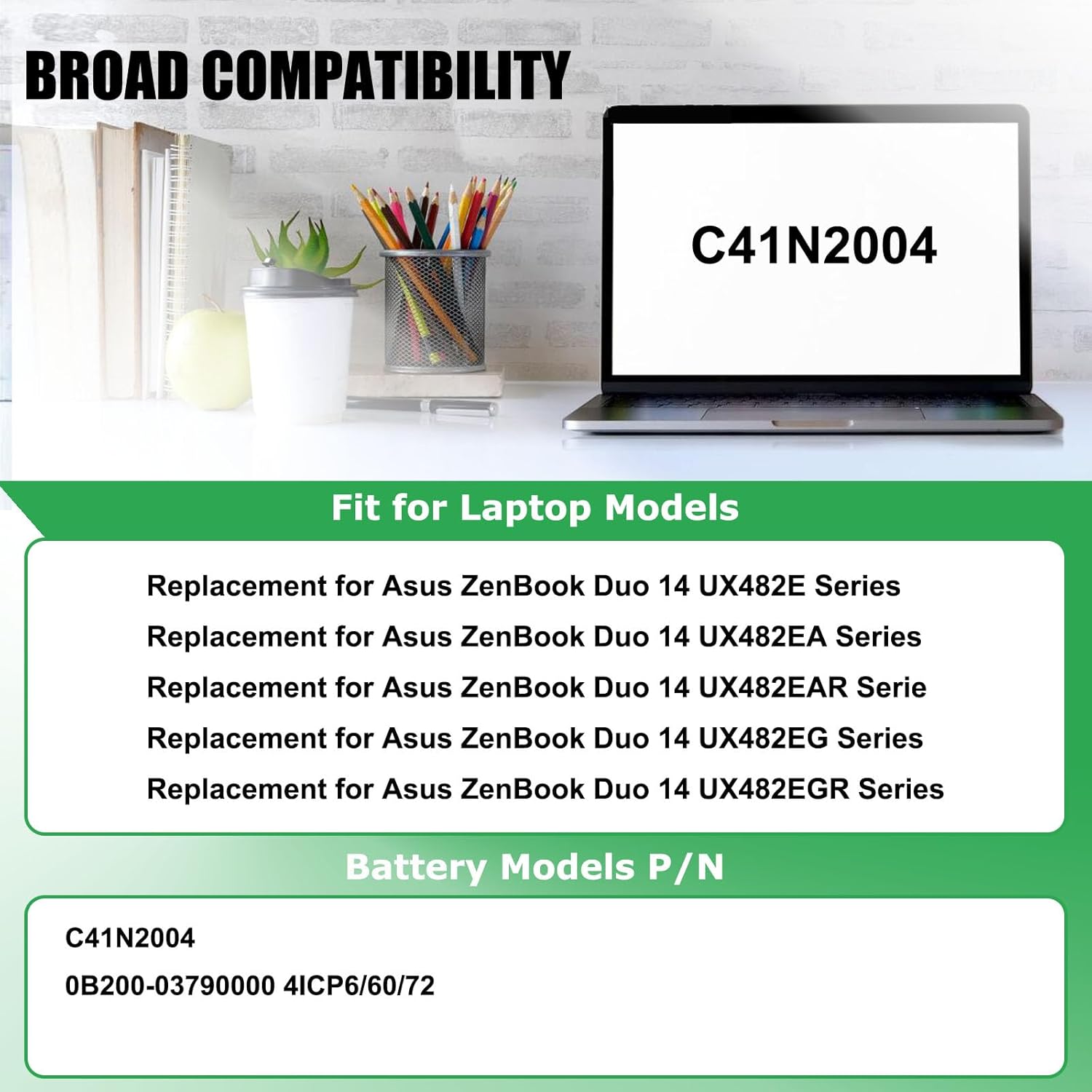 C41N2004 Laptop Battery Replacement for Asus ZenBook Duo 14 UX482E UX482EA UX482EAR UX482EG UX482EGR Series Notebook 0B200-03790000 15.4V 70Wh 4550mAh