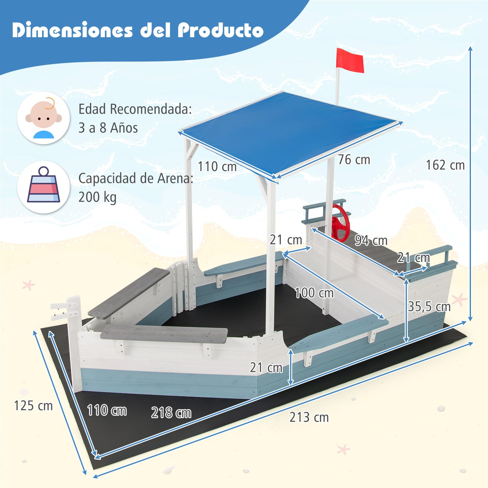 COSTWAY Arenero Infantil de Madera de Abeto con Toldo, Caja de Arena con Bandera, Timón, Asientos de Banco y Compartimentos de Almacenaje para Patio, Arenero para Niños al Aire Libre