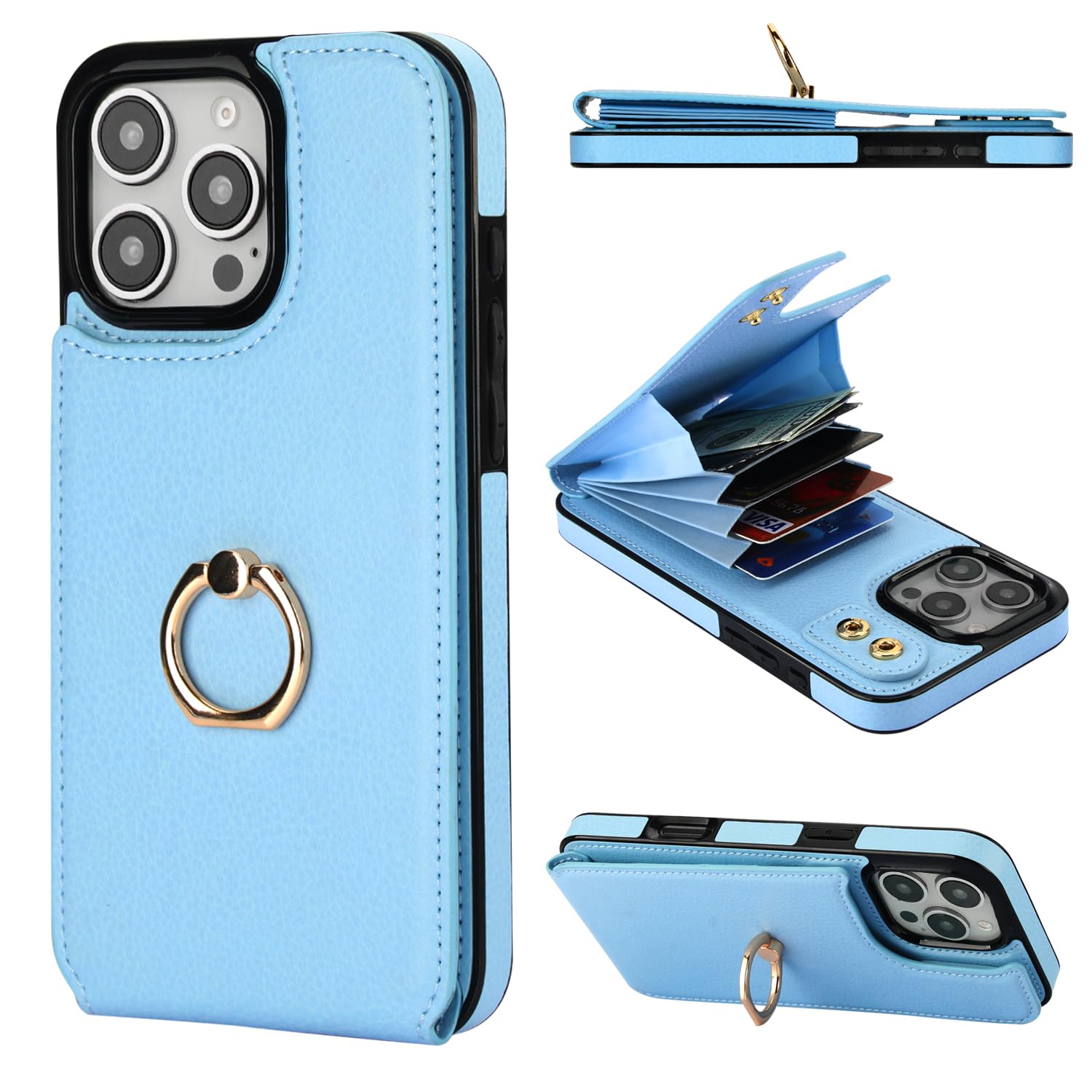 Folosu Compatible with iPhone 16 Pro Max Case Wallet with Card Holder, 360°Rotation Finger Ring Holder Kickstand, RFID Blocking Leather Protective