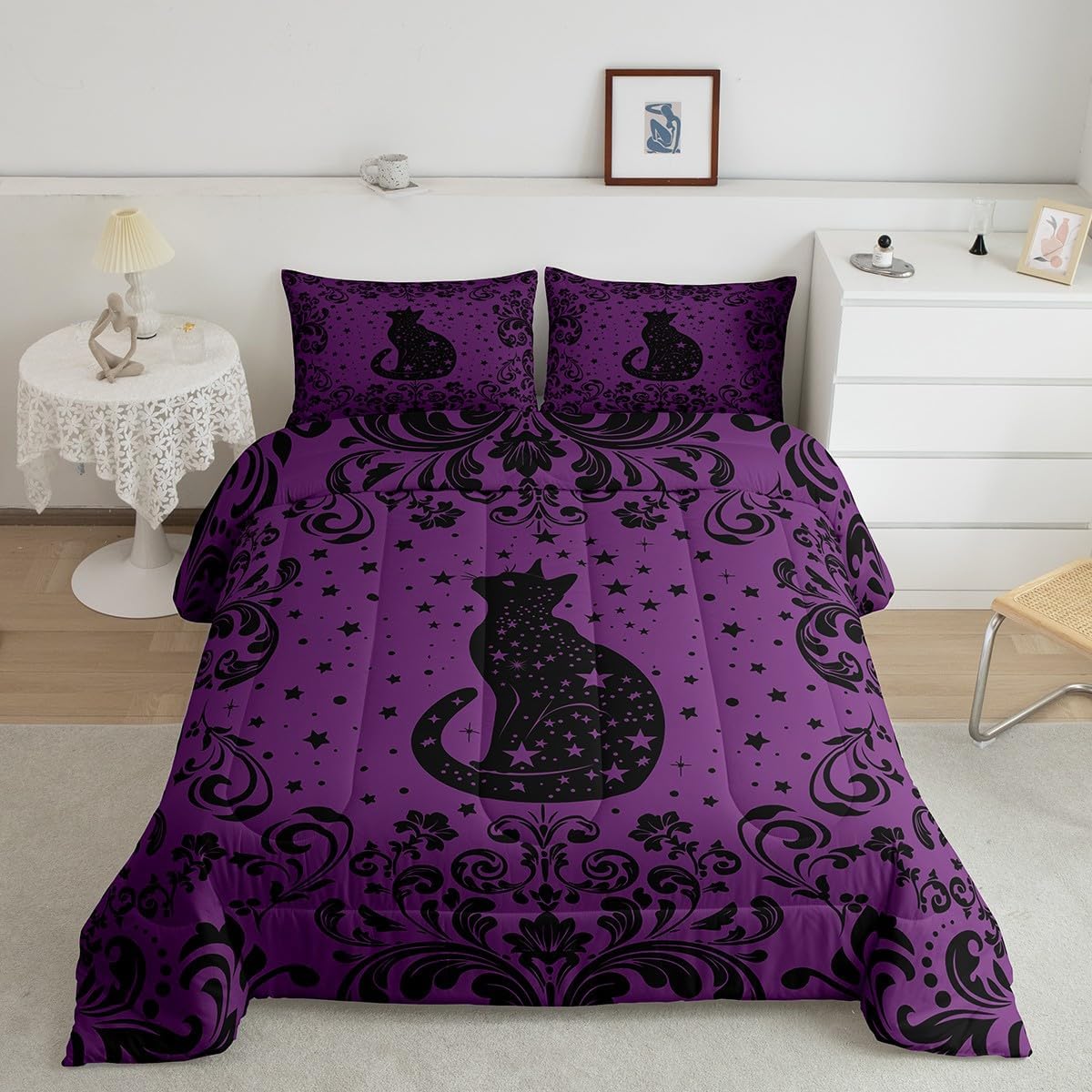 Erosebridal Boho Black Cat Full Bedding Set Purple Black Halloween Gothic Comforter Set for Girls Women Exotic Damask Floral Goth Cat Bedding Comforter Sets Hippie Stars Moon Animal Bed Set
