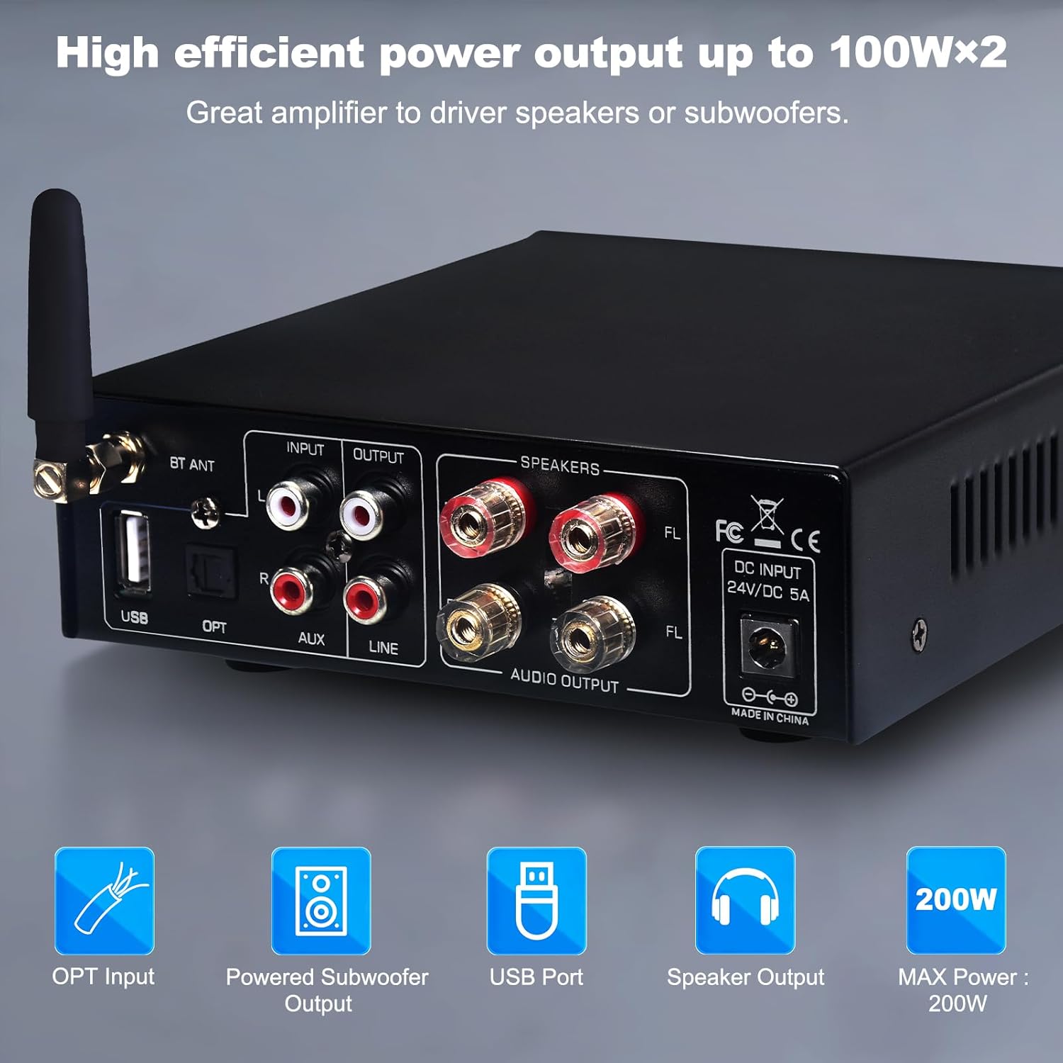 Mini Audio Amplifier Stereo Receiver Bluetooth 5.3,RMS 100Wx2 TPA3116 Class D HiFi Audio Power Amplifier 2 Channel for Home/Outdoor/Garage/Passive Speakers Theater System,w/ 24V Power Supply