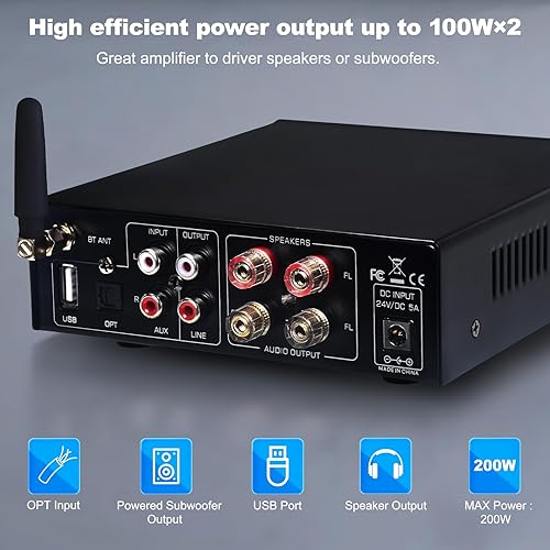 Miniatura 5 de Mini amplificador de audio estéreo receptor Bluetooth 5.3, RMS 100Wx2 TPA3116 Clase D Amplificador de potencia de audio HiFi 2 canales para