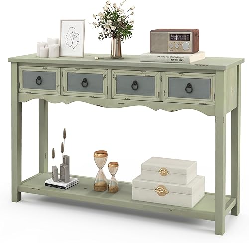 Giantex Mesa consola estrecha con almacenamiento, mesa de entrada antigua de 48 pulgadas con 4 cajones, estante abierto, patas de madera maciza,