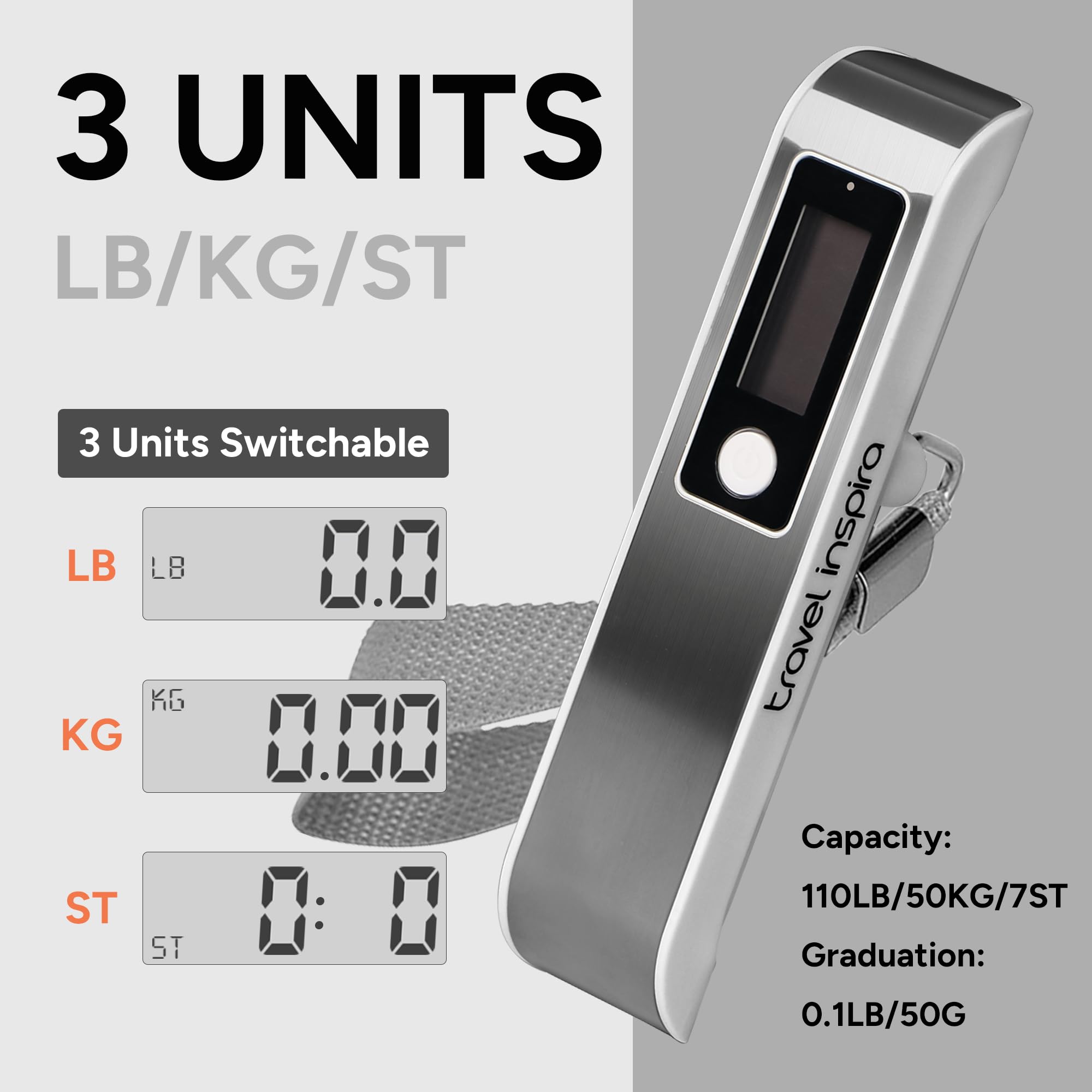 travel inspira Digital Luggage Scale – Portable Hanging Suitcase Weight Scale for Travel, 110 lb Capacity, Backlit LCD Display, Prevents Airport Overweight Fees, Battery Included view 5