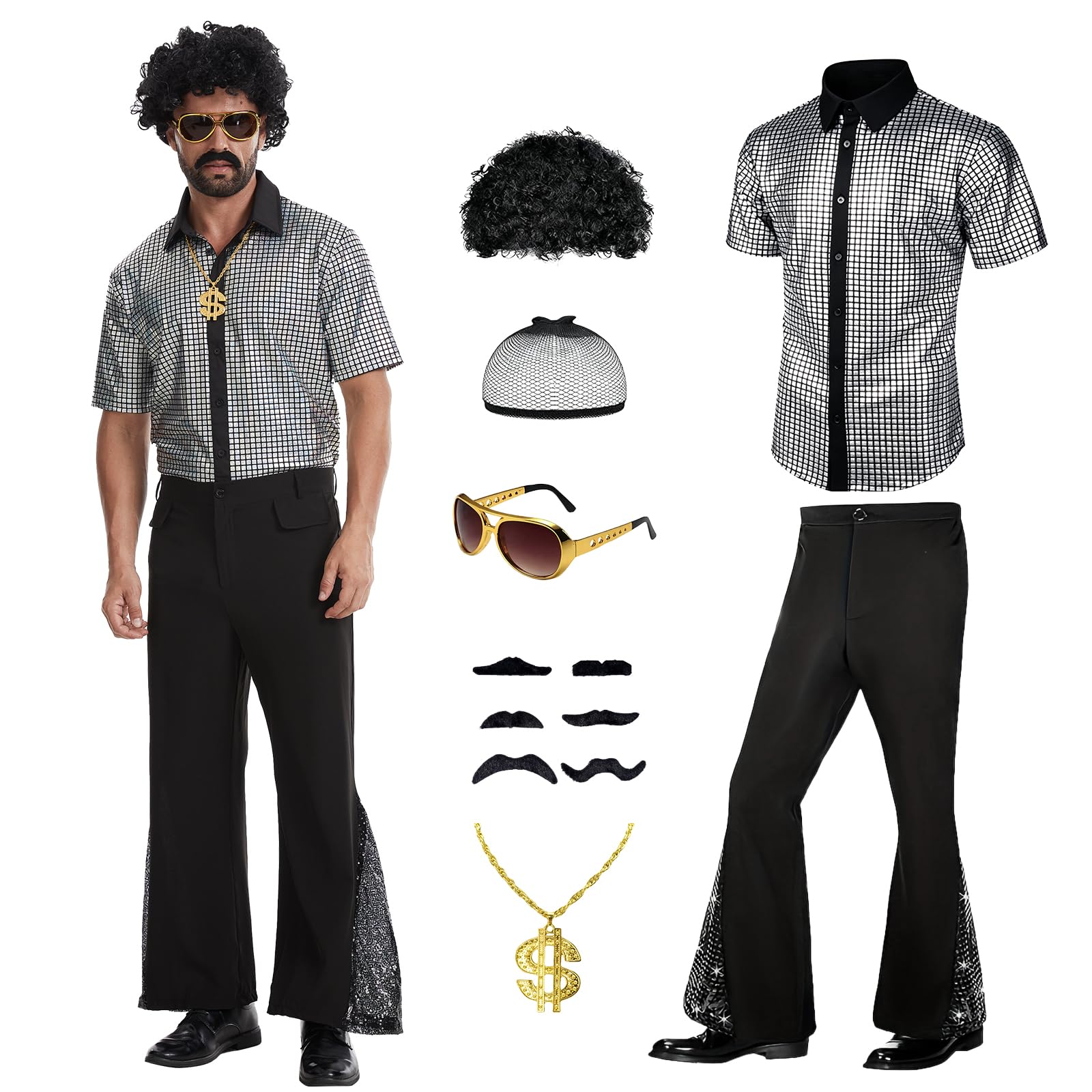 HZVRTN Mens 70s fancy dress, Disco Outfit, 7PCS disco shirt set with accessories wig sunglasses for Retro-themed parties and Halloween. (Silver, XL)