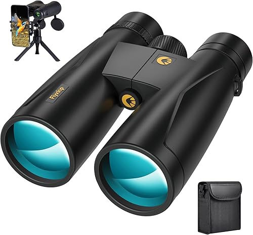 Fiyxlop Prismáticos HD de 12 x 50 Plus para adultos de alta potencia, binoculares impermeables con adaptador de teléfono, binoculares de visión
