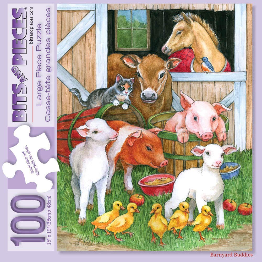 Bits and Pieces - 100 Piece Jigsaw Puzzle - Barnyard Buddies - 100 pc Farm Animals Jigsaw by Artist Lorraine Ryan
