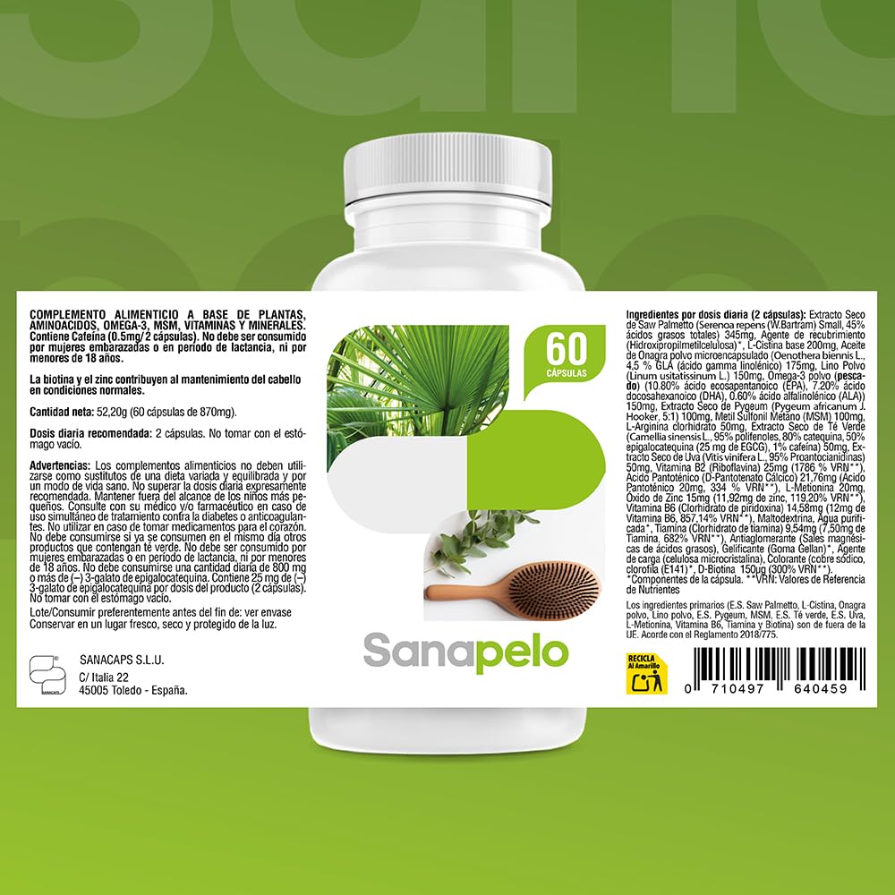 Sanapelo–Cápsulas Anticaída pelo|Con Saw Palmetto,Biotina,Zinc | Pygeum Africanum,Té verde-Ayuda a fortalecer el pelo,evitar la caída y mejorar la circulación-SANACAPS(3 Botes)