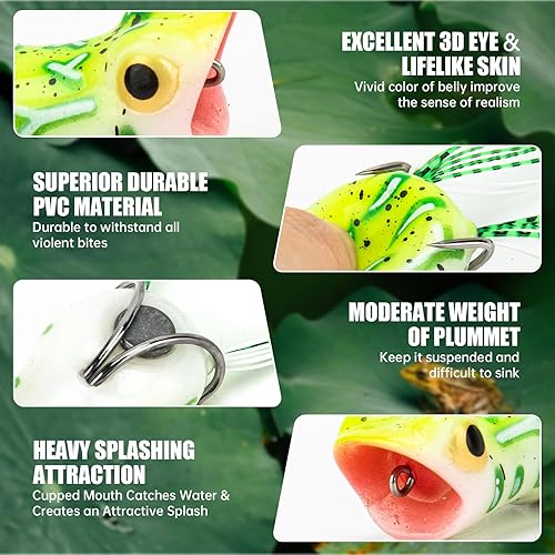 Miniatura 4 de Juego de 5 señuelos de rana Topwater con ganchos sin hierbas, señuelos de pesca suaves con diseño realista, perfecto para pesca de lubina