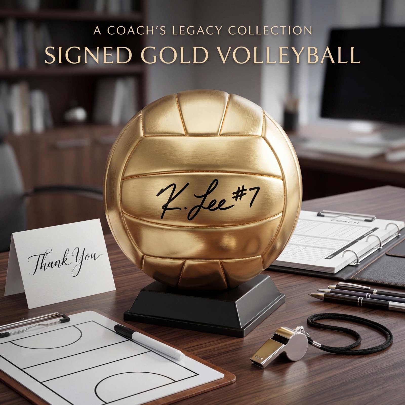 Hiboom Gold Autograph Volleyball with Display Stand Air Pump for Trophies High School College Anniversary Coaching Gift Awards Championship Party