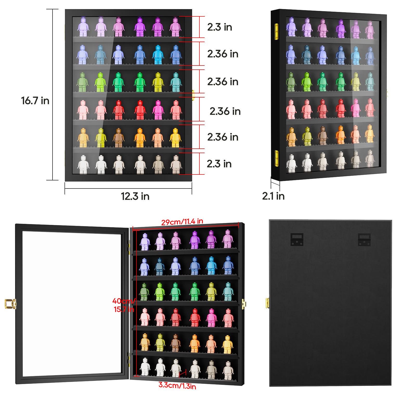 TJ.MOREE Minifigure Display Case 6-poziomowy, ścienny uchwyt na ścianę, drewniane półki na przedmioty kolekcjonerskie, czarne mini zabawki Showcase Cabinet 42,4 x 31,3 x 5,4 cm