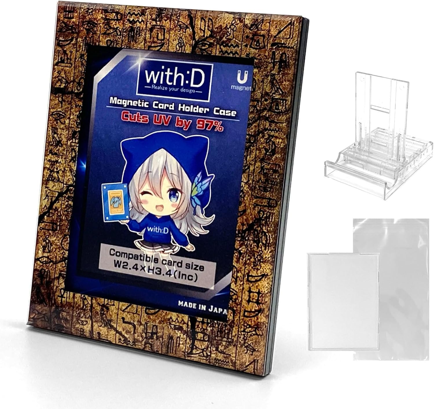 amazdone with:D Magnetic Card Display Case 35PT, UV Protection Acrylic Trading Card Holder with Inner Case, Premium Japanese Design for TCG & Sports Cards【hieroglyphs】 (Petra)