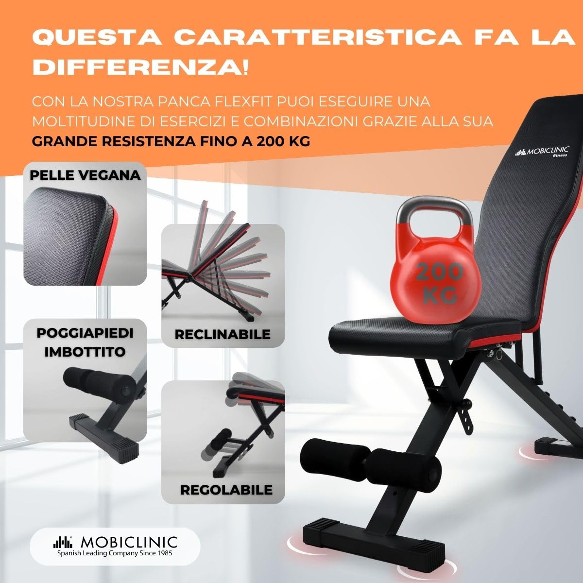 Mobiclinic® fitness, Panca per pesi, Pieghevole, Supporta 200 kg, Sedile e schienale regolabili, Flexfit, Multifunzione, Allenamento completo del corpo, Palestra domestica