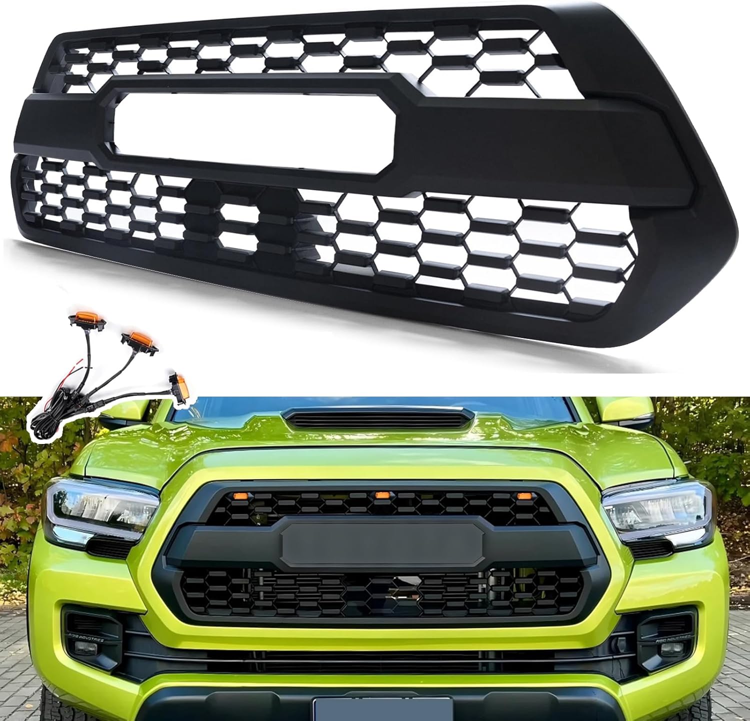 Front Grill (With Letters & Amber Lights) Fit for Toyota Tacoma 2016-2023 SR/SR5/TRD,ABC Matte Black Bumper Grille