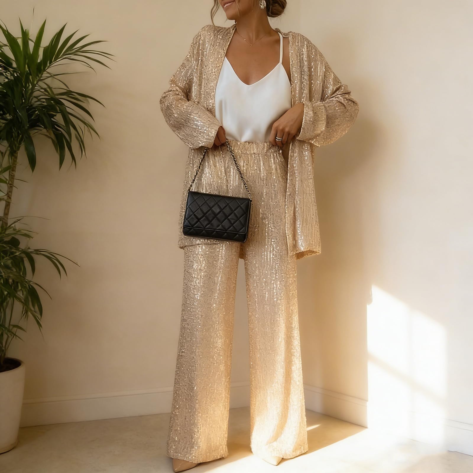 Paillettenbesetztes Ensemble für Damen, bestehend aus einem Blazer mit V-Ausschnitt und einer hoch taillierten Hose mit weitem Bein – ein funkelndes zweiteiliges Party-Outfit