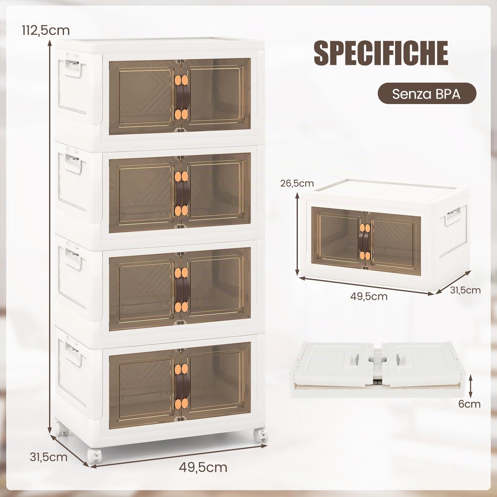 COSTWAY Scatola Portaoggetti, Contenitori in Plastica con Coperchio e 4 Ruote, Contenitore Pieghevole Impilabile per Soggiorno, Cucina e Camera da Letto (L-Set di 4)