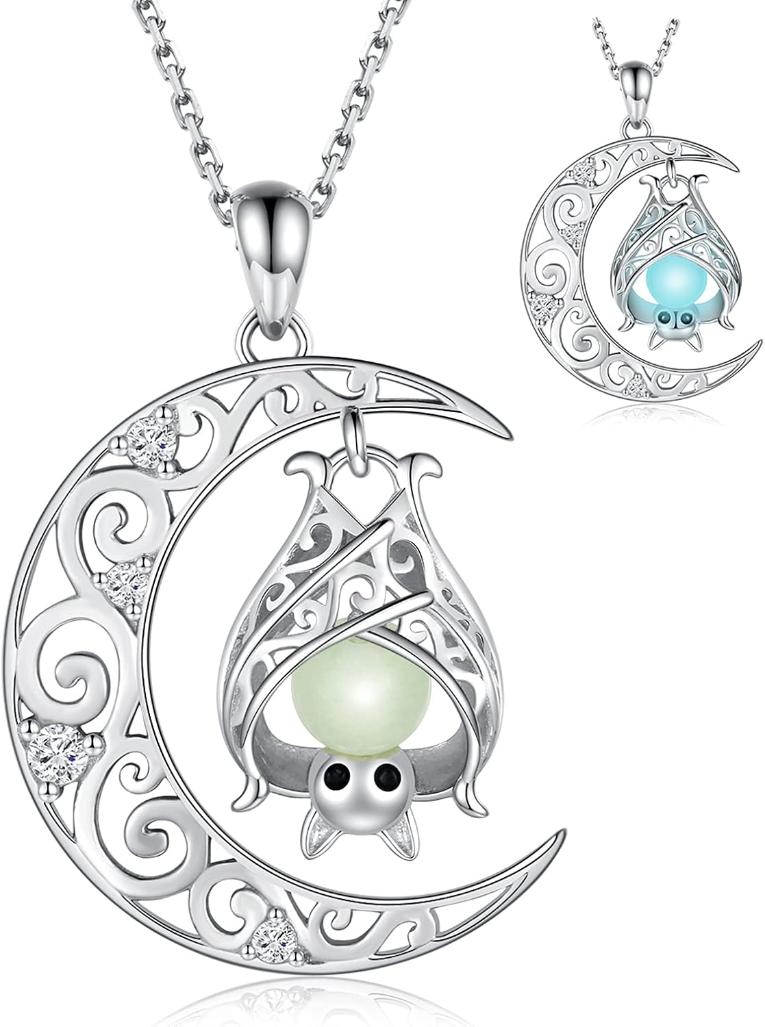 925 Sterling Silver Bat Necklace - Glowing in The Dark Bat Moon Pendant Halloween Jewelry Gift for Women