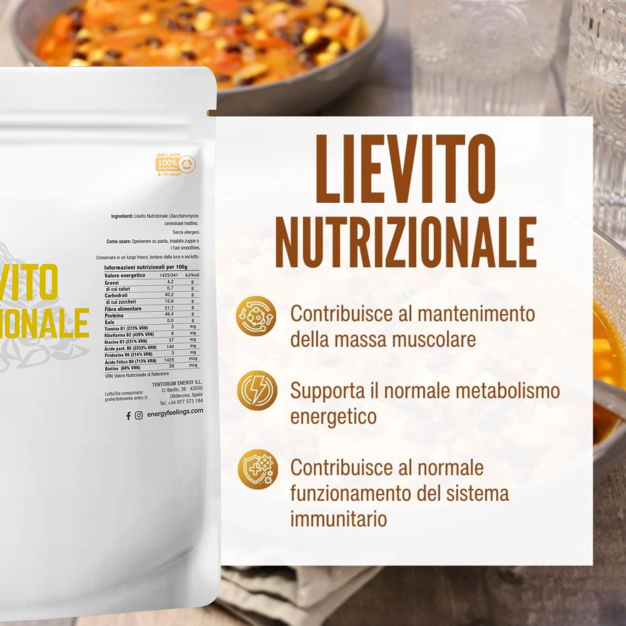 Energy Feelings Lievito Nutrizionale in Scaglie 1 kg. Lievito Alimentare Naturale Inattivo, Integratore Ricco di Vitamine B e Proteine 46%, in Fiocchi Senza Glutine e Vegano