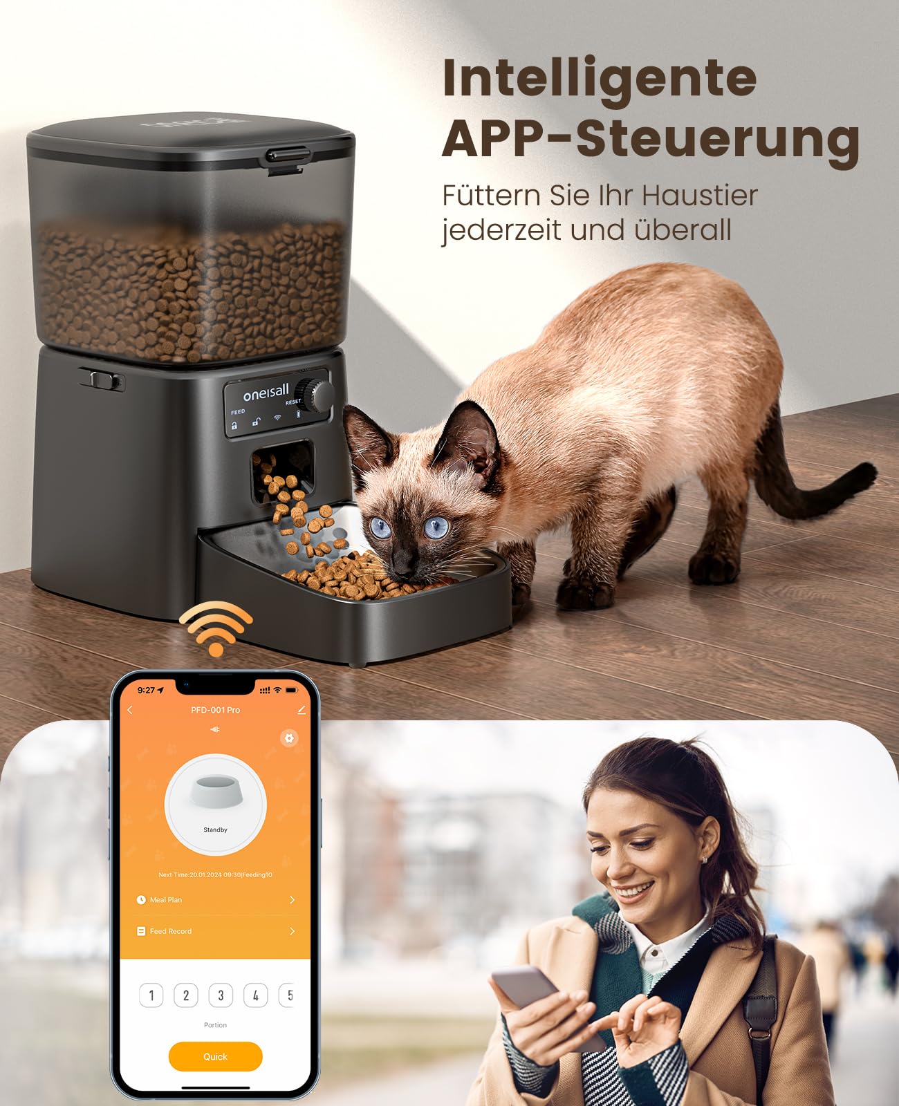 oneisall 3.5L Futterautomat Katze, WiFi Intelligenter Katzenfutter Automat, APP-Steuerung, 1-12 Mahlzeiten pro Tag, Futterspender für Katzen/Hunde, mit Edelstahlnapf (Schwarz)