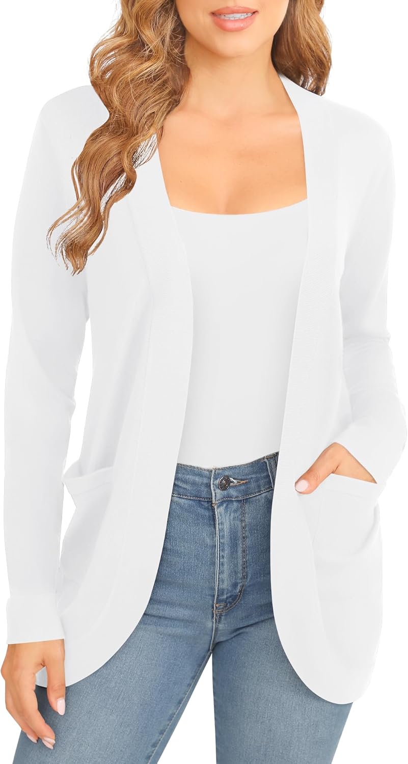 EXCHIC Women's Long Sleeve Lightweight Knit Sweater Cardigan Curved Hem Open Front Cardigans with Pockets - Image 2