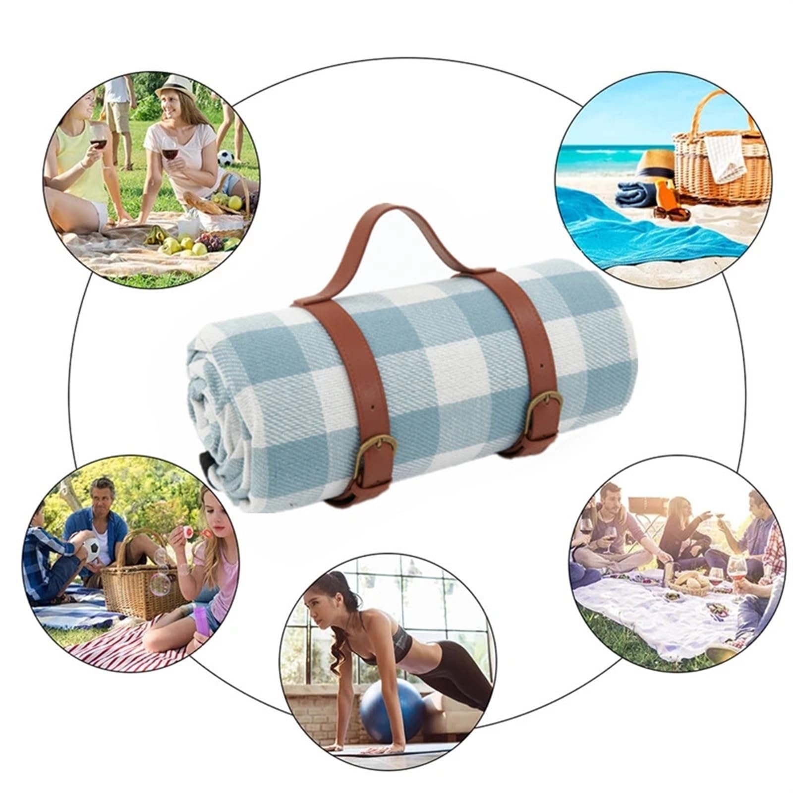Tappetino da spiaggia impermeabile senza sabbia, multicolore, 150 x 200 cm, con cinturino in pelle, perfetto per campeggio e avventure all'aria aperta, design Roze