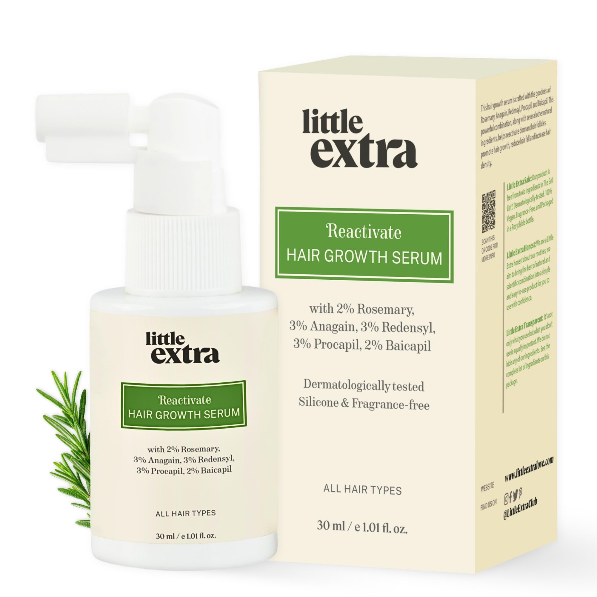 little extra Reactivate Hair Growth Serum With 2% Rosemary, Anagain, Redensyl, Procapil And Baicapil, 30Ml Bottle, For All Hair Types, 100 Grams