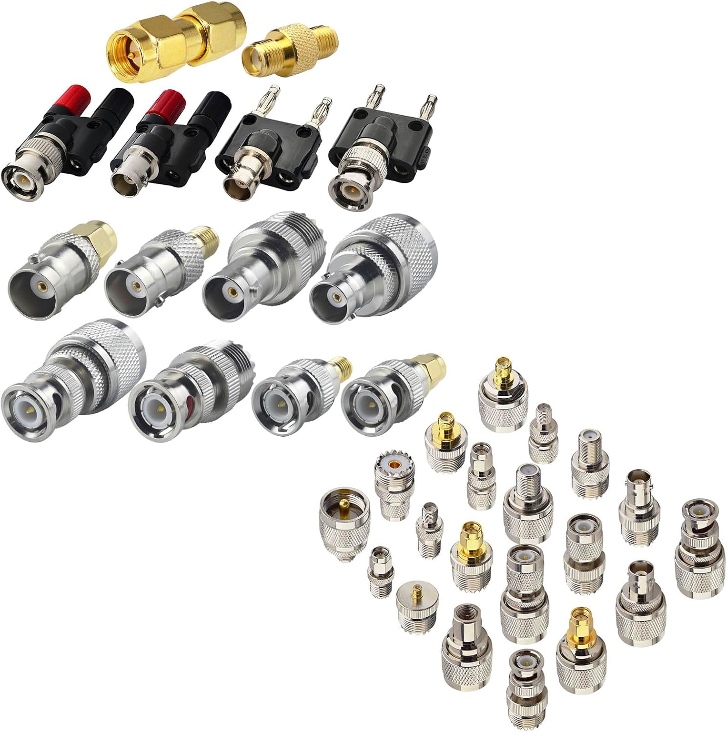 onelinkmore 20 Type Set UHF PL259 SO239 Mini UHF Adapter Kits & BNC RF Adapter Kit - 14 Types BNC Male/Female to 2X 4mm Dual Banana Plug, PL259 SO239 UHF, SMA Connector, and SMA Male Female